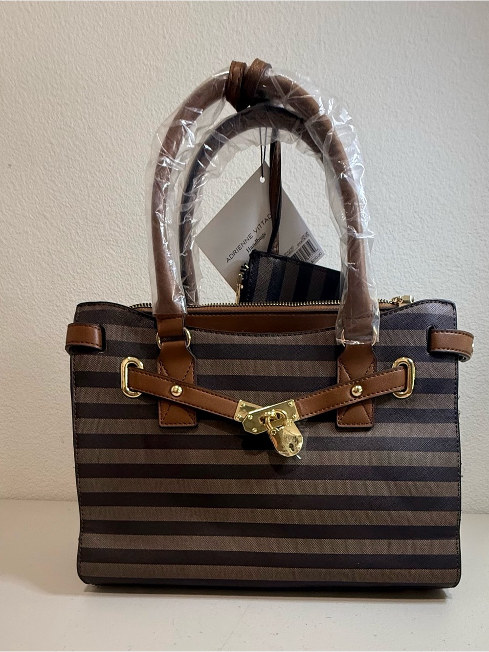 Adrienne Vittadini Striped Brown Satchel Handbag with Gold Hardware